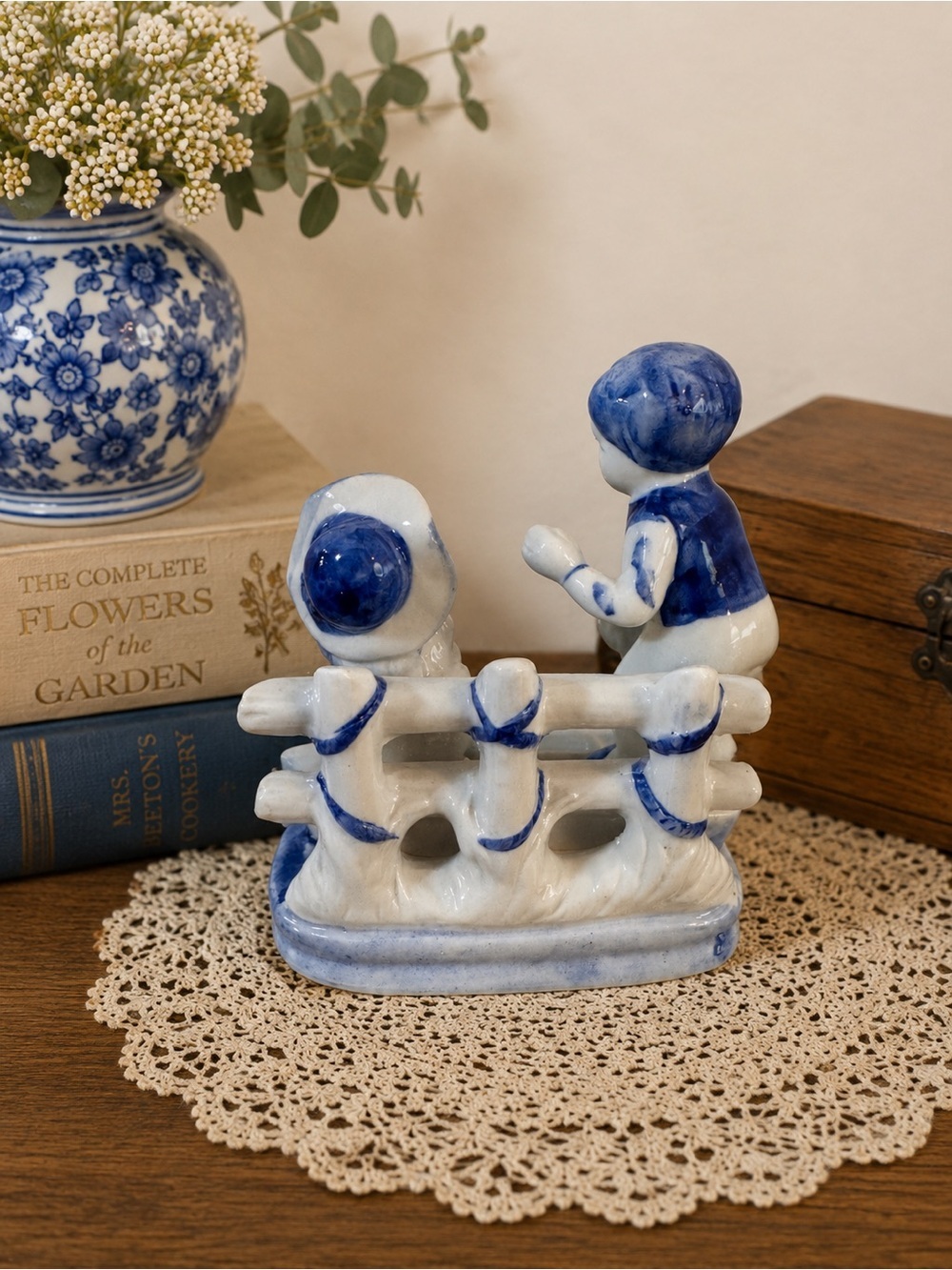 Vintage Blue & White Ceramic Children Figurine Boat Scene - Picture 4 of 5